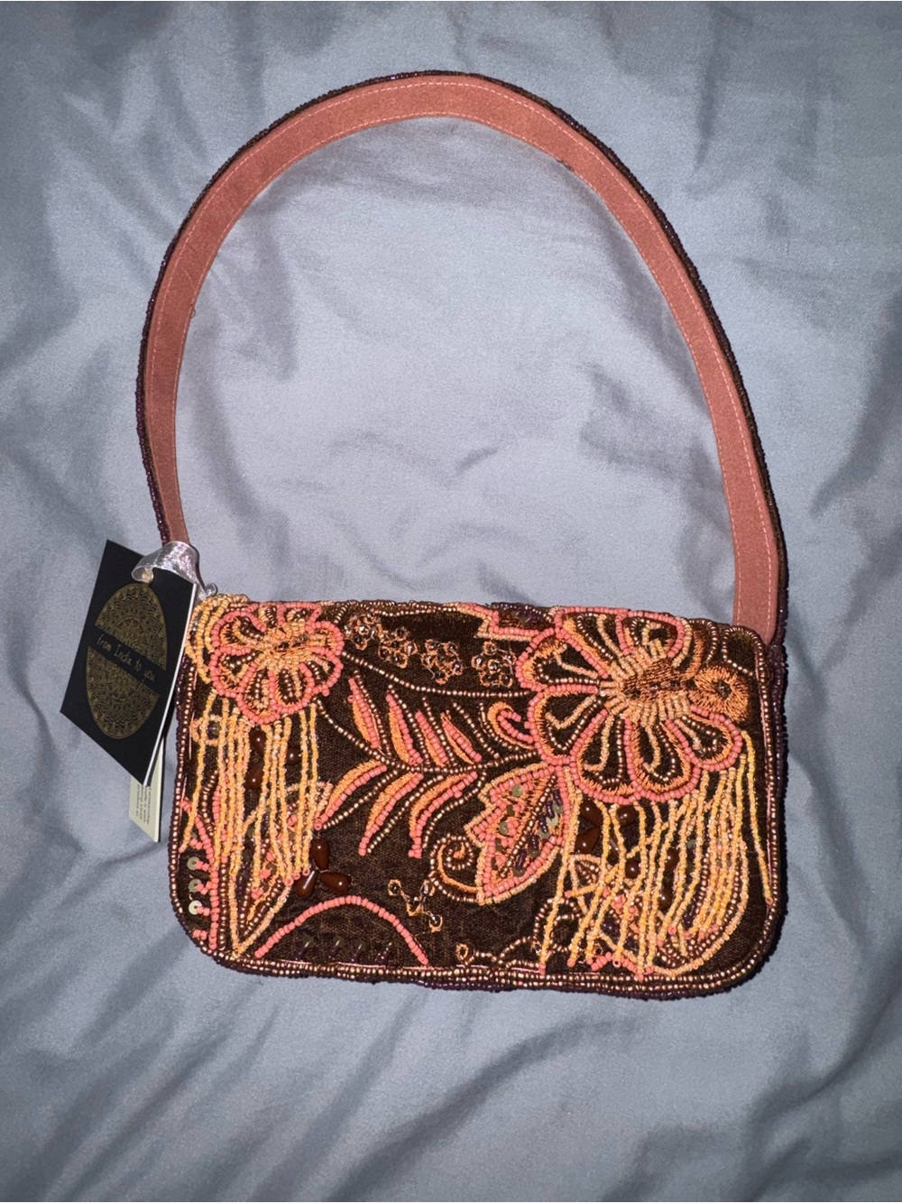 Beaded Maroon and Orange Fringe Floral Shoulder Bag Handmade in India New w Tags